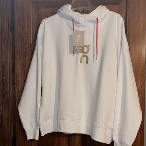 On Cloud On running White Club Hoodie with Gold Logo and Redish Drawstrings